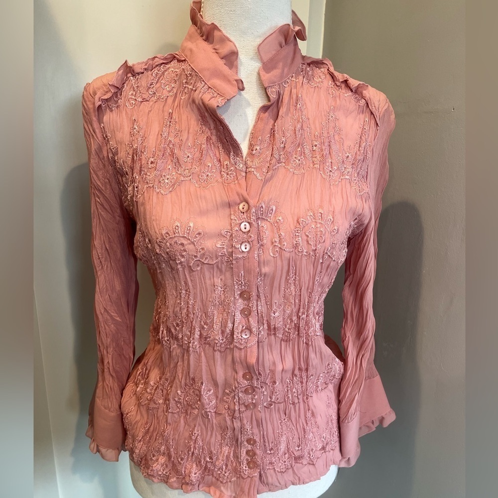 Sunny Taylor women’s nwt embroidered button down blouse with ruffle accents. S